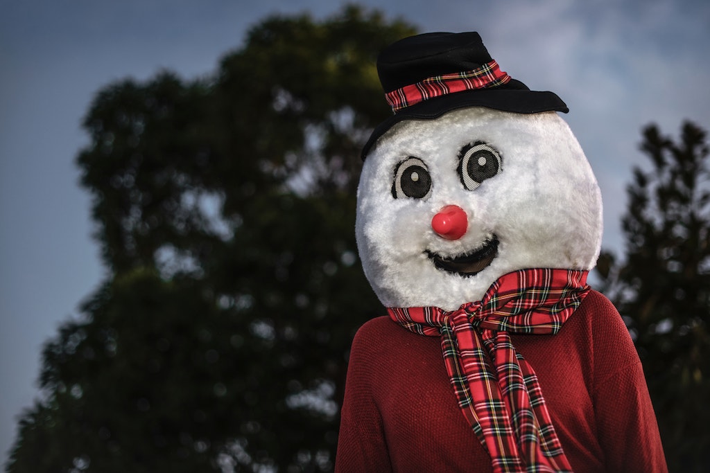 A cheerful snowman figure with a round head, red nose, and plaid scarf, set against a blurred green background.